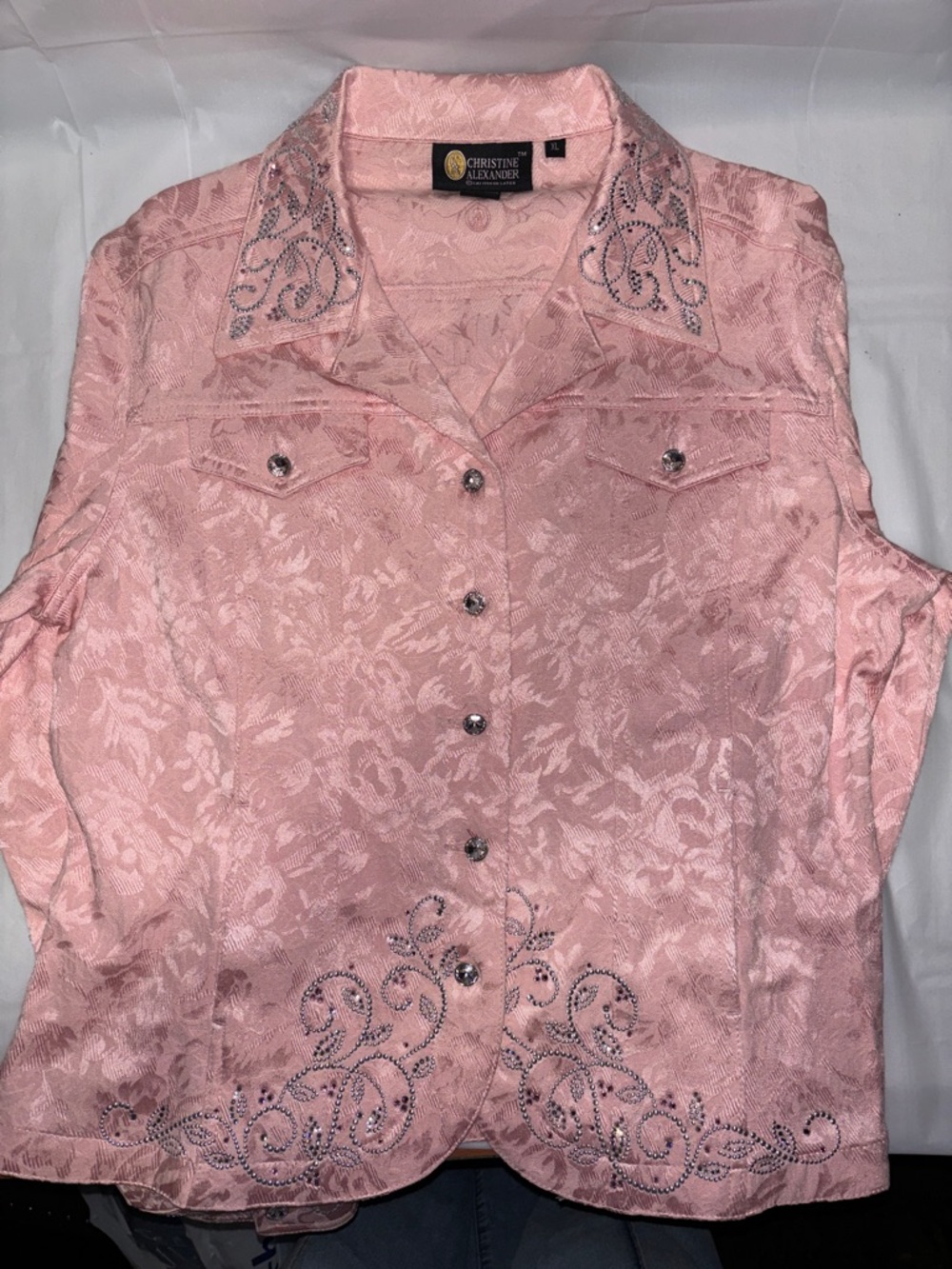 Christine Alexander Pink Brocade Jean Jacket with Embellished Collar